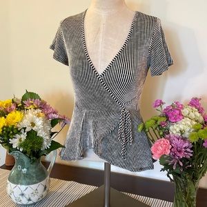 Faux Wrap Peplum Top with Flutter Sleeves - Black & White Stripe  - XS